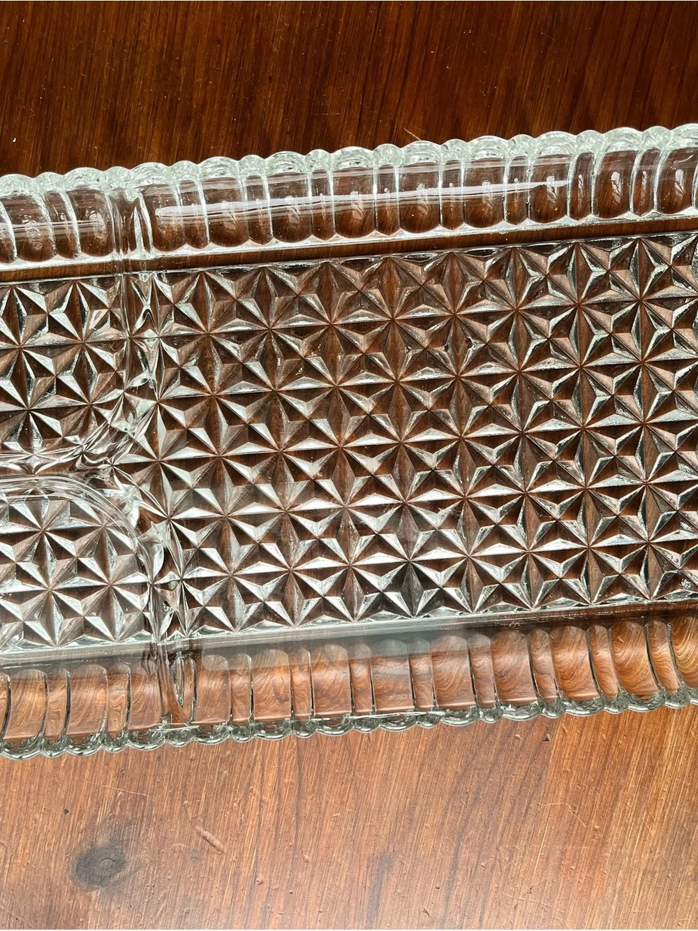 Vintage Clear Glass Divided Vanity Tray with Starburst Pattern